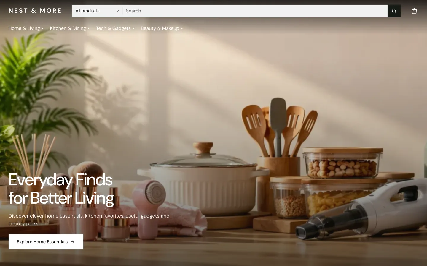 Nest & More, an EzVenda demo shop, on a laptop: a kitchen scene with the headline Everyday Finds for Better Living