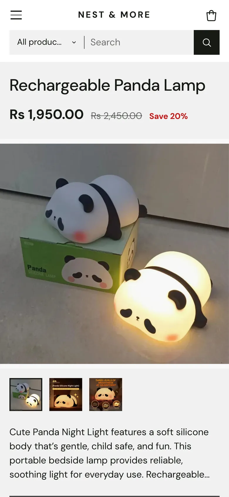 A product page on a phone: Rechargeable Panda Lamp, Rs 1,950, was Rs 2,450, save 20%