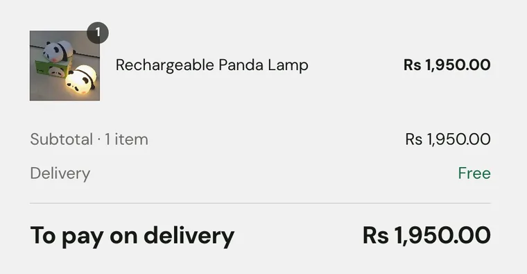 An order summary: Rechargeable Panda Lamp, Rs 1,950, delivery free, to pay on delivery Rs 1,950